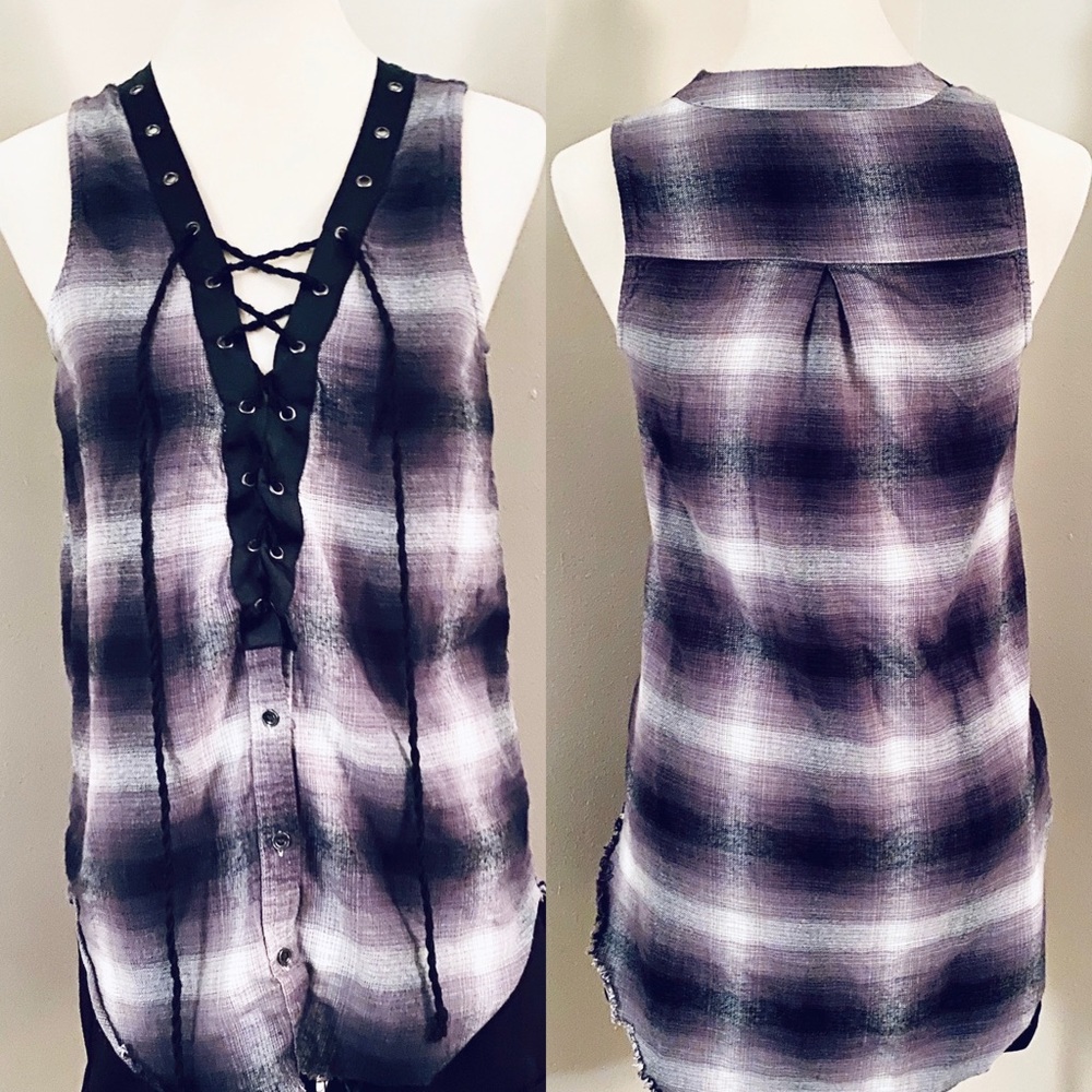 Gimmicks Flannel Sleeveless Lace Up Raw Edge Top